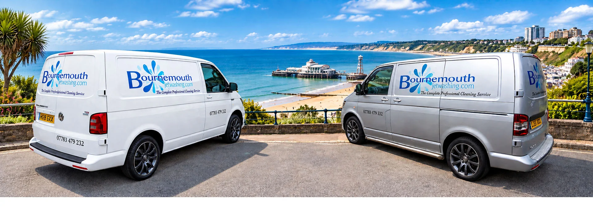 Bournemouth Jet Washing – Professional Pressure Washing Bournemouth & Poole Two Bournemouth Jet Washing company vans overlooking Bournemouth Beach and Pier, providing professional pressure washing services across Bournemouth and Poole.