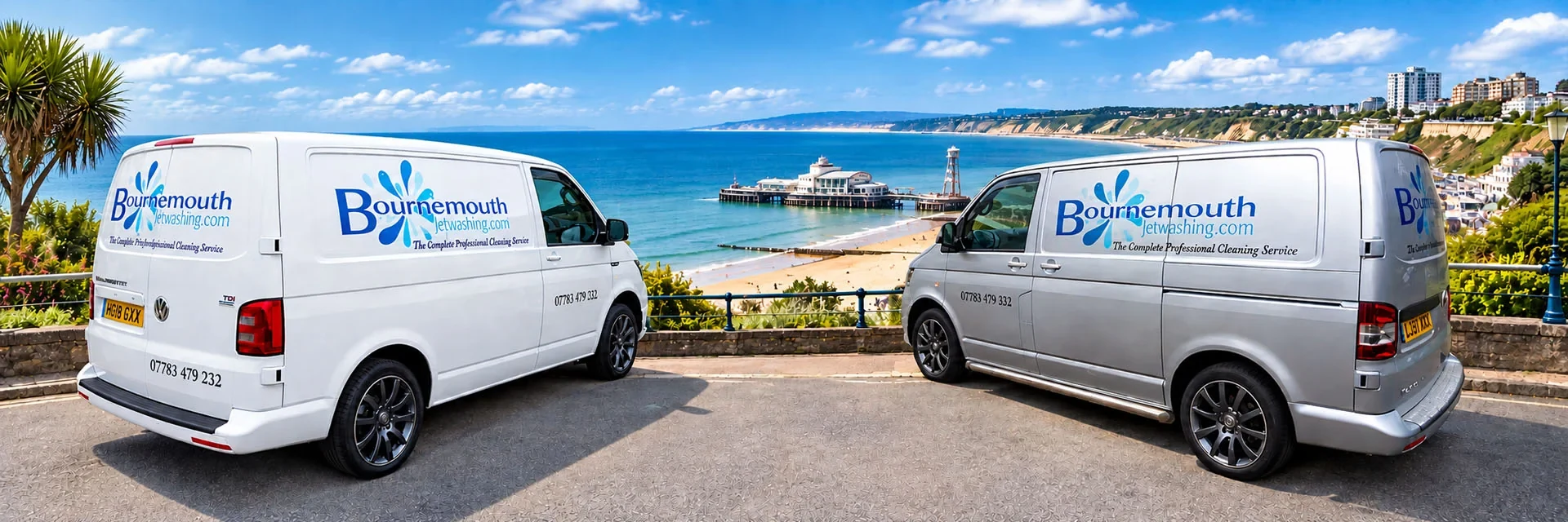 Bournemouth Jet Washing – Professional Pressure Washing in Bournemouth & Poole Bournemouth Jet Washing professional pressure washing vans overlooking Bournemouth Beach and Pier, providing jet washing, driveway and patio cleaning in Bournemouth and Poole.