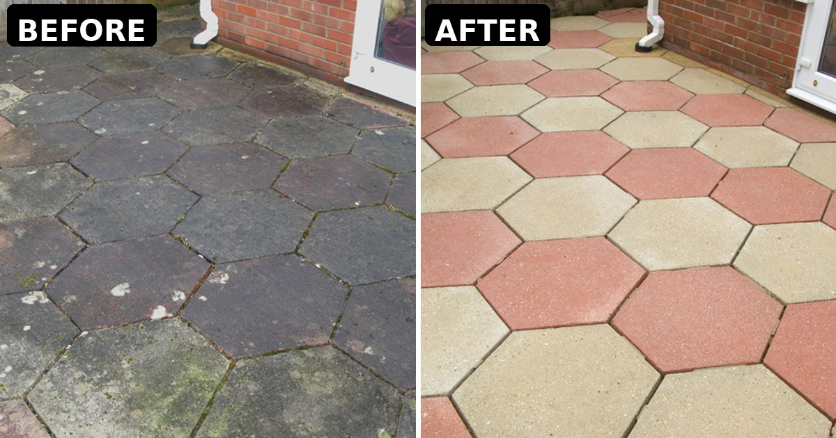 Patio cleaning before and after pressure washing in Bournemouth